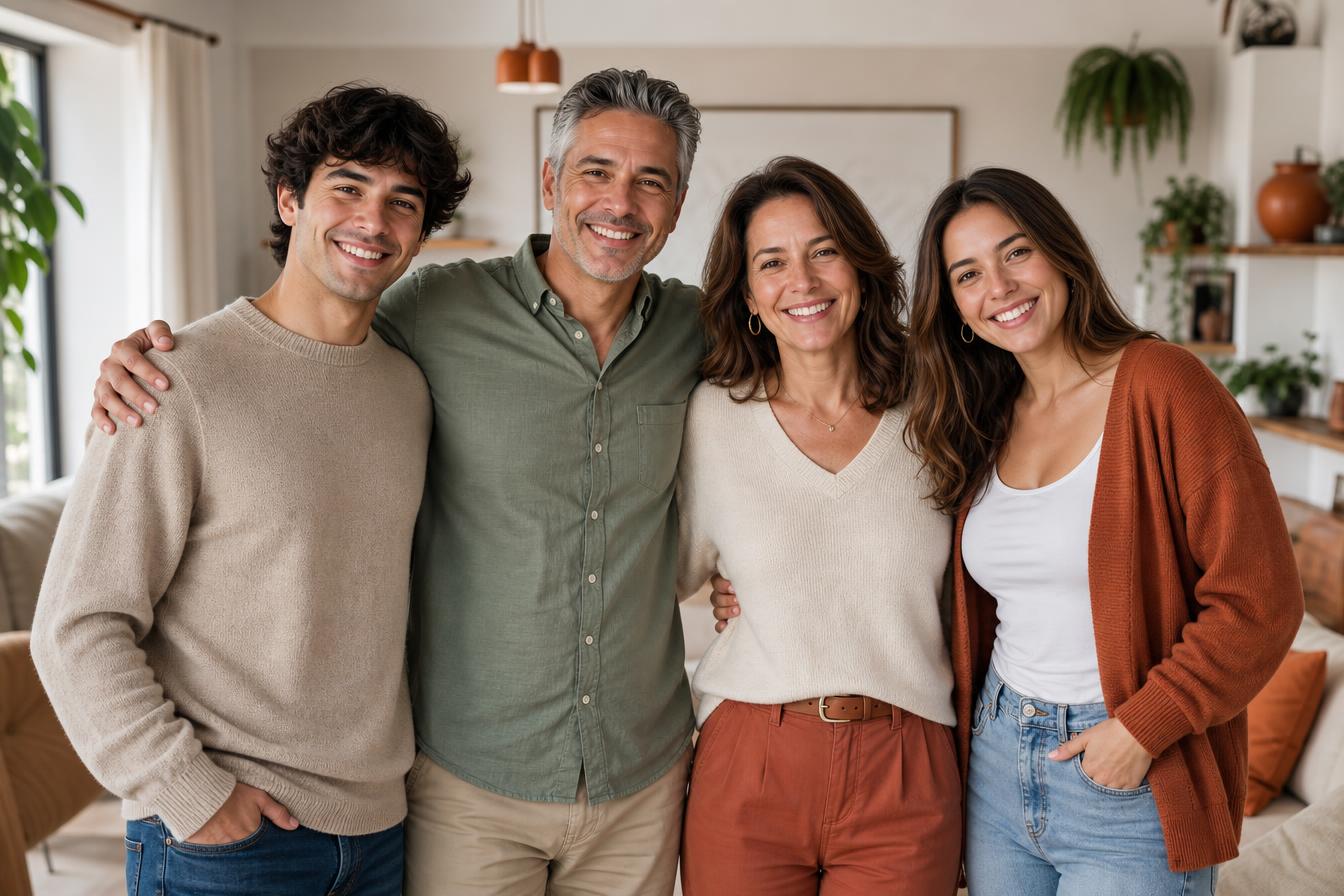 A multigenerational family sharing a warm, sunlit living room